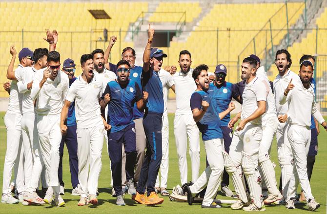 Surashtra players are celebrating on the field after winning the match. (PTI)